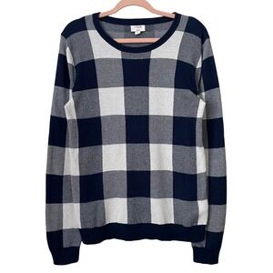 J. Crew Sweater Womens Medium‎ Navy White Teddie Buffalo Check Plaid Crew Neck